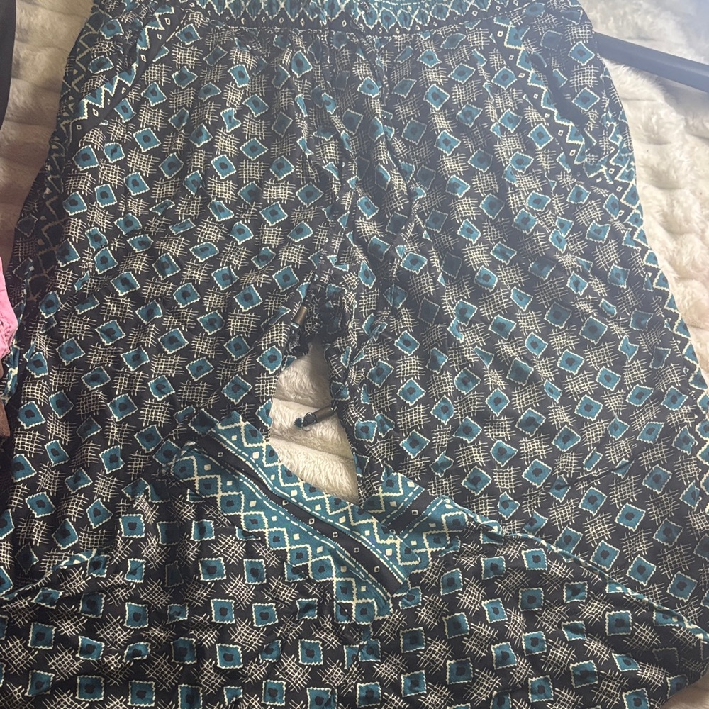 Anthropologie Teal and Black Geometric Wide-Leg Jumpsuit